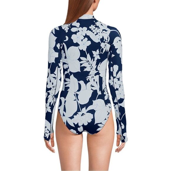 Land's End Plus Standard long sleeve zip one piece swim sea navy white Lily Var - Picture 4 of 5